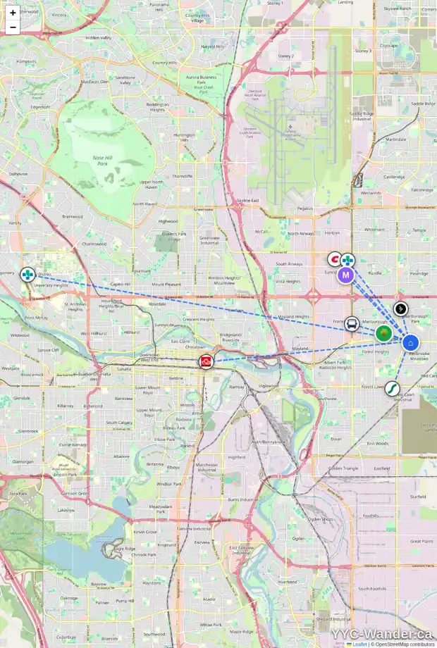 Daily accessibility map for 5523 1 AV SE, Calgary showing nearby schools, grocery stores, parks, LRT stations and nearby amenities