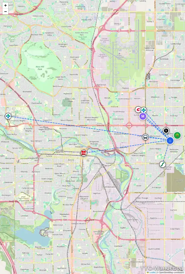 Daily accessibility map for 136 MADDOCK WY NE, Calgary showing nearby schools, grocery stores, parks, LRT stations and nearby amenities