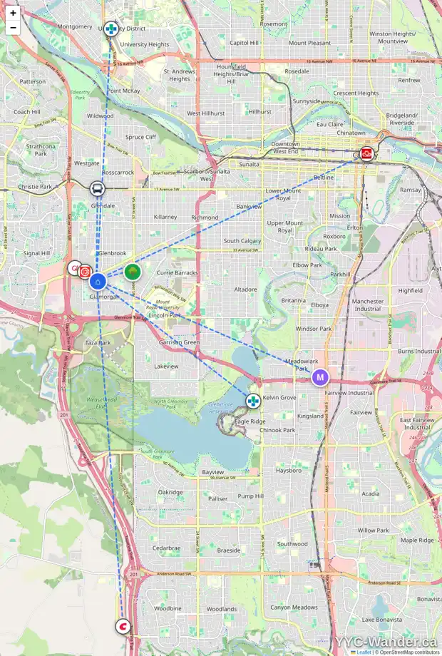 Daily accessibility map for 4064 46 ST SW, Calgary showing nearby schools, grocery stores, parks, LRT stations and nearby amenities