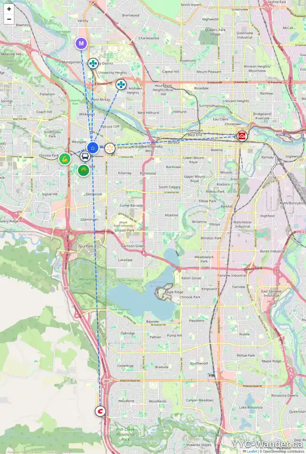 Daily accessibility map for 1141 43 ST SW, Calgary showing nearby schools, grocery stores, parks, LRT stations and nearby amenities