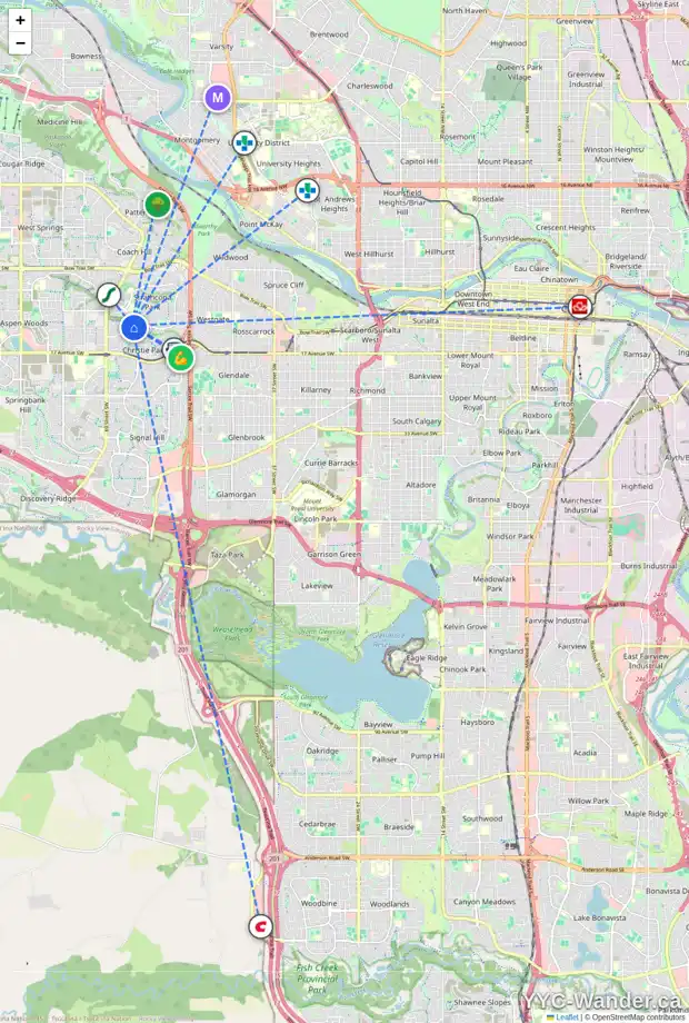 Daily accessibility map for 27 STRASBOURG BA SW, Calgary showing nearby schools, grocery stores, parks, LRT stations and nearby amenities