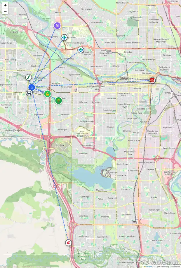 Daily accessibility map for 16 CHRISTIE ESTATE MR SW, Calgary showing nearby schools, grocery stores, parks, LRT stations and nearby amenities