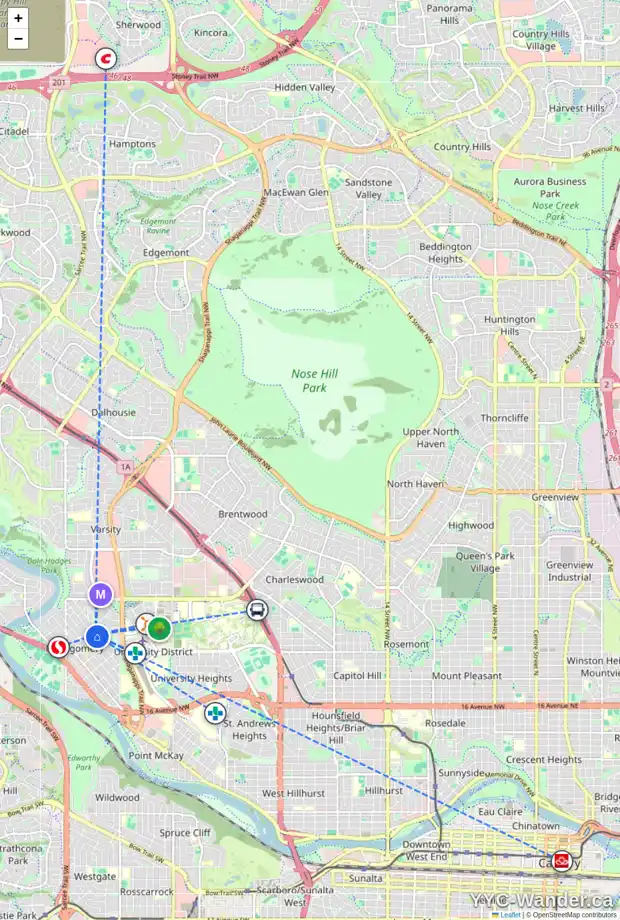 Daily accessibility map for 4812 22 AV NW, Calgary showing nearby schools, grocery stores, parks, LRT stations and nearby amenities