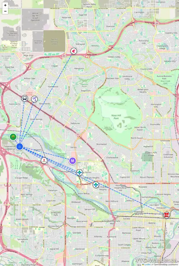 Daily accessibility map for 8629 34 AV NW, Calgary showing nearby schools, grocery stores, parks, LRT stations and nearby amenities