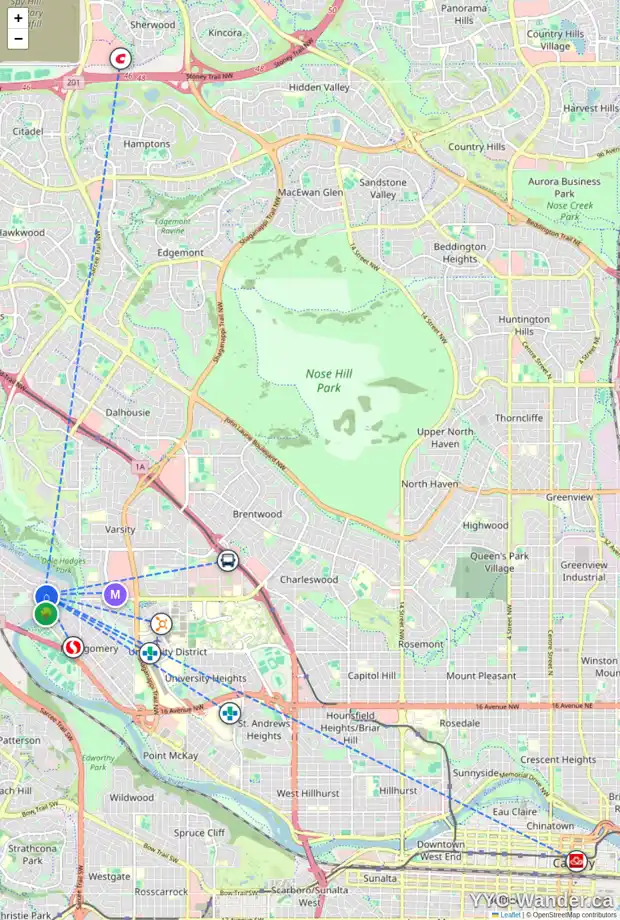Daily accessibility map for 6027 33 AV NW, Calgary showing nearby schools, grocery stores, parks, LRT stations and nearby amenities