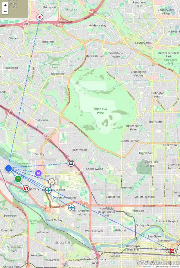 Daily accessibility map for 6316 BOWWOOD DR NW, Calgary showing nearby schools, grocery stores, parks, LRT stations and nearby amenities