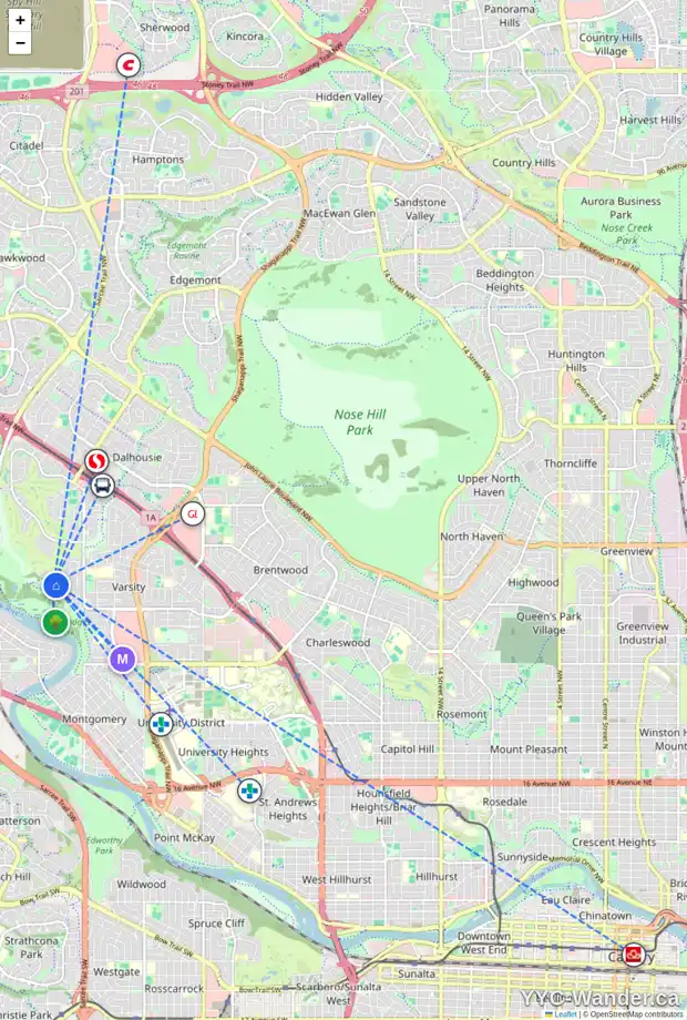 Daily accessibility map for 380 VARSITY CL NW, Calgary showing nearby schools, grocery stores, parks, LRT stations and nearby amenities