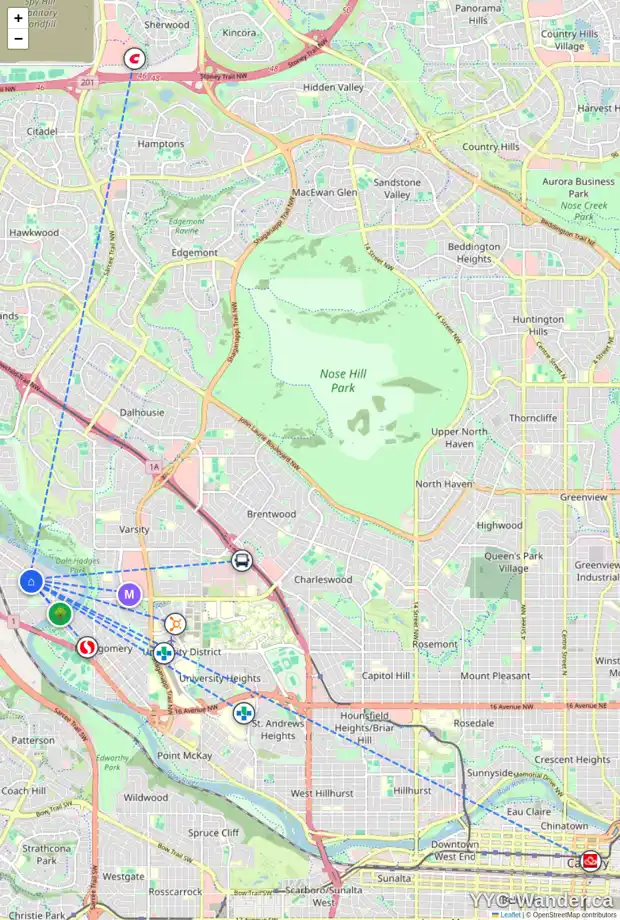 Daily accessibility map for 3804 62 ST NW, Calgary showing nearby schools, grocery stores, parks, LRT stations and nearby amenities