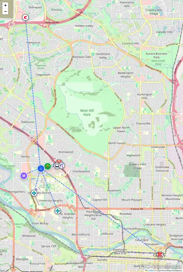 Daily accessibility map for 3915 VARDELL RD NW, Calgary showing nearby schools, grocery stores, parks, LRT stations and nearby amenities