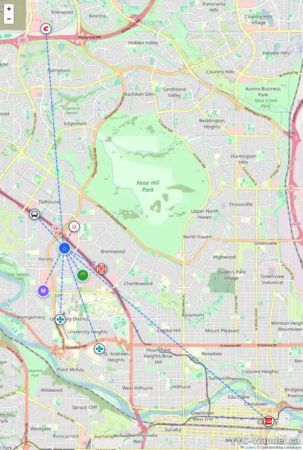 Daily accessibility map for 4623 VEGAS RD NW, Calgary showing nearby schools, grocery stores, parks, LRT stations and nearby amenities