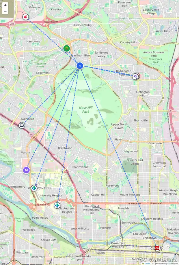 Daily accessibility map for 28 MACEWAN PARK GR NW, Calgary showing nearby schools, grocery stores, parks, LRT stations and nearby amenities