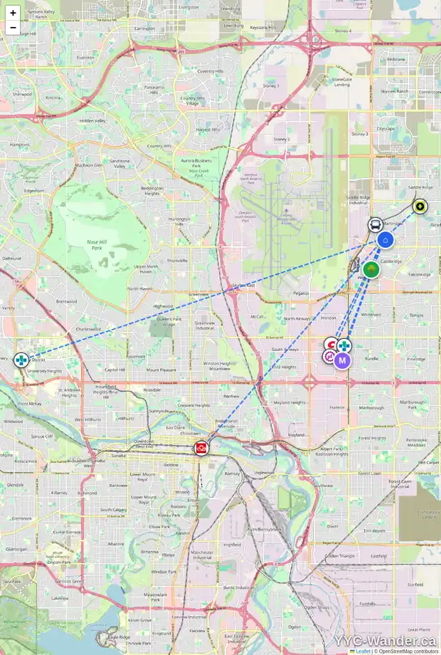 Daily accessibility map for 16 MARTINRIDGE WY NE, Calgary showing nearby schools, grocery stores, parks, LRT stations and nearby amenities