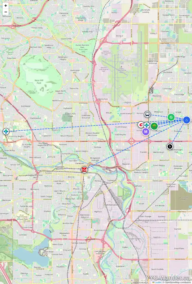 Daily accessibility map for 6731 34 AV NE, Calgary showing nearby schools, grocery stores, parks, LRT stations and nearby amenities