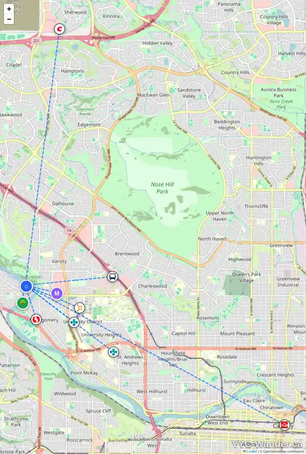 Daily accessibility map for 6012 BOW CR NW, Calgary showing nearby schools, grocery stores, parks, LRT stations and nearby amenities