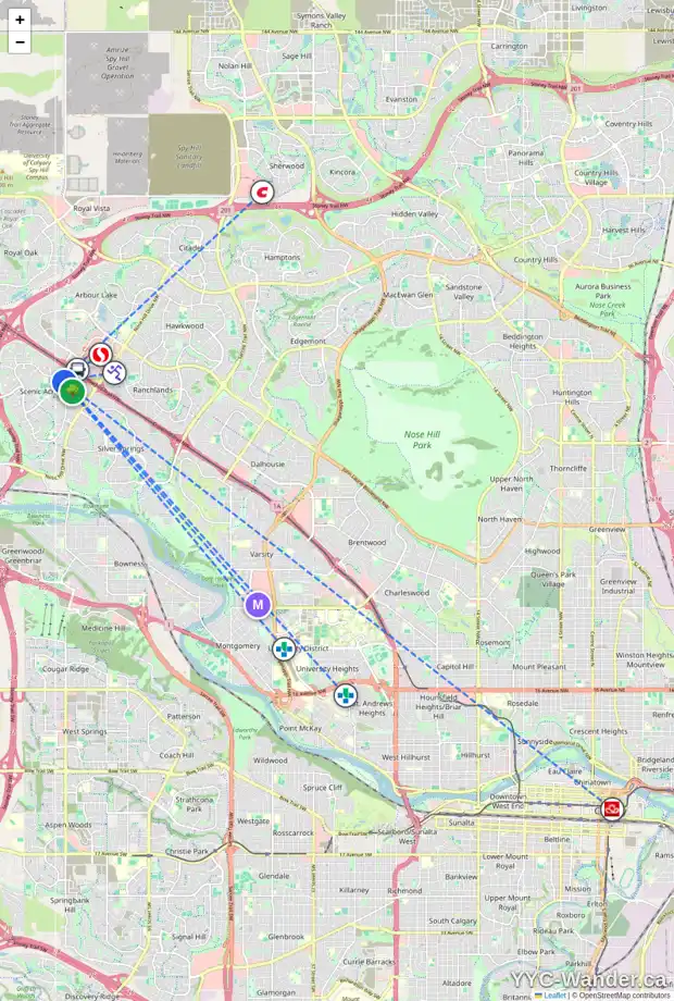 Daily accessibility map for 40 SCENIC GD NW, Calgary showing nearby schools, grocery stores, parks, LRT stations and nearby amenities