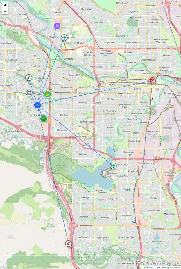 Daily accessibility map for 2289 SIROCCO DR SW, Calgary showing nearby schools, grocery stores, parks, LRT stations and nearby amenities