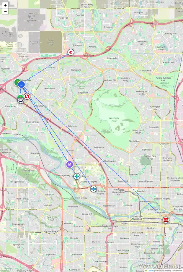 Daily accessibility map for 134 ARBOUR CREST CI NW, Calgary showing nearby schools, grocery stores, parks, LRT stations and nearby amenities