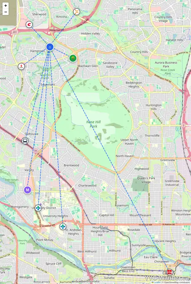 Daily accessibility map for 92 HAMPTONS LI NW, Calgary showing nearby schools, grocery stores, parks, LRT stations and nearby amenities