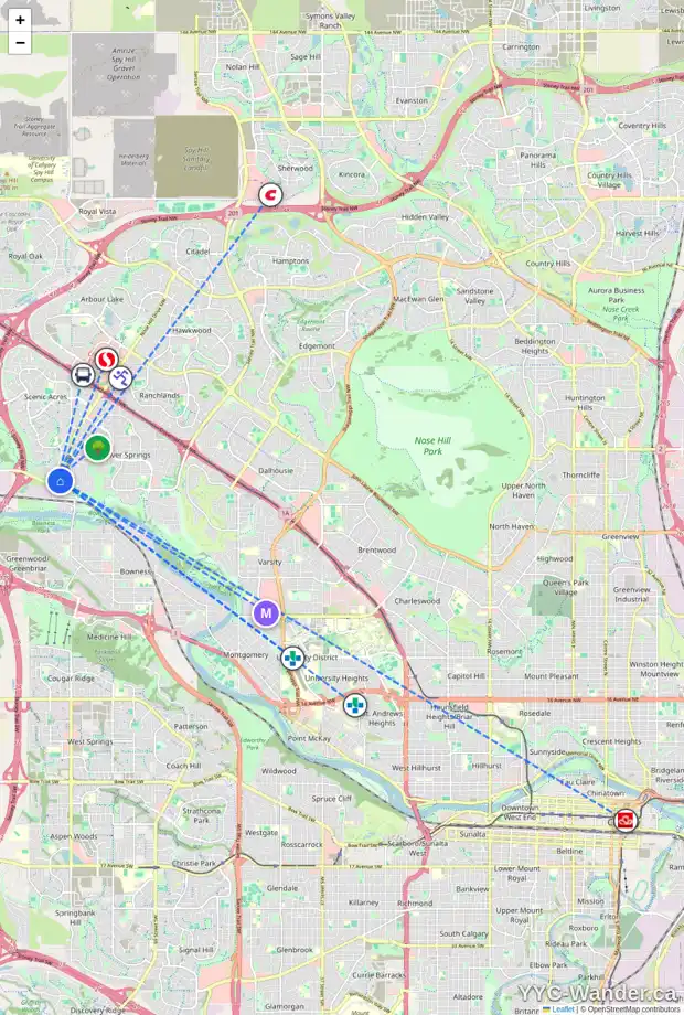 Daily accessibility map for 105 SCIMITAR HE NW, Calgary showing nearby schools, grocery stores, parks, LRT stations and nearby amenities