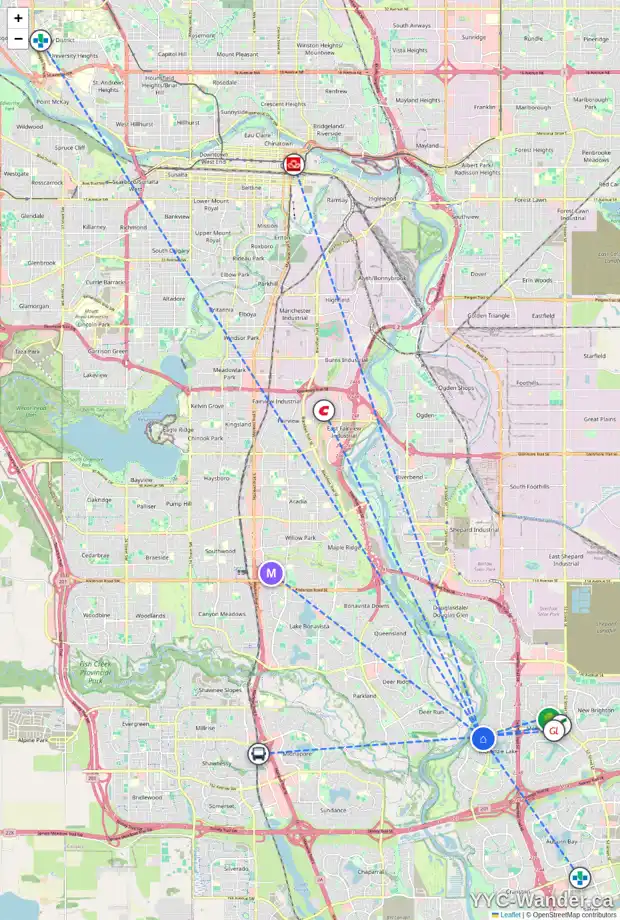 Daily accessibility map for 35 MT ALBERTA GR SE, Calgary showing nearby schools, grocery stores, parks, LRT stations and nearby amenities