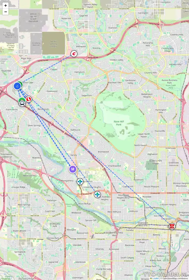 Daily accessibility map for 34 ARBOUR STONE RI NW, Calgary showing nearby schools, grocery stores, parks, LRT stations and nearby amenities