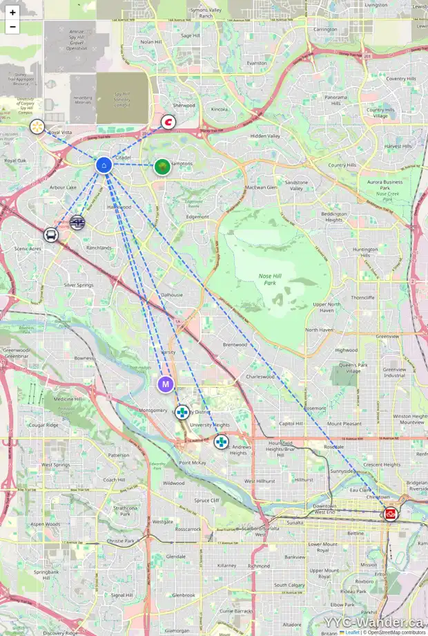 Daily accessibility map for 101 CITADEL RIDGE GR NW, Calgary showing nearby schools, grocery stores, parks, LRT stations and nearby amenities