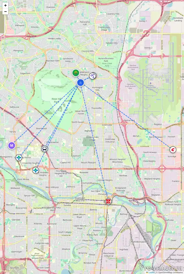 Daily accessibility map for 7818 HUNTERQUAY RD NW, Calgary showing nearby schools, grocery stores, parks, LRT stations and nearby amenities