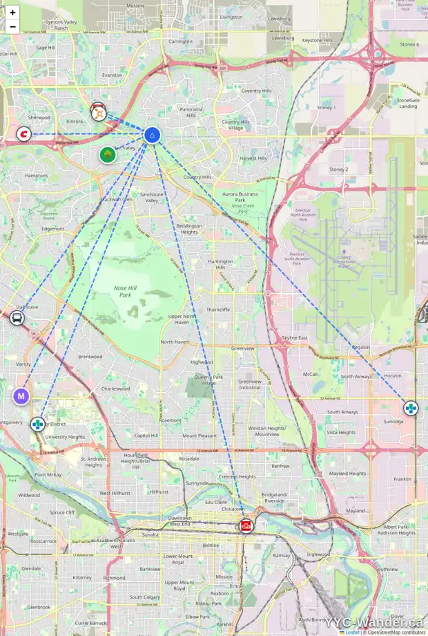 Daily accessibility map for 42 HIDDEN CREEK PA NW, Calgary showing nearby schools, grocery stores, parks, LRT stations and nearby amenities