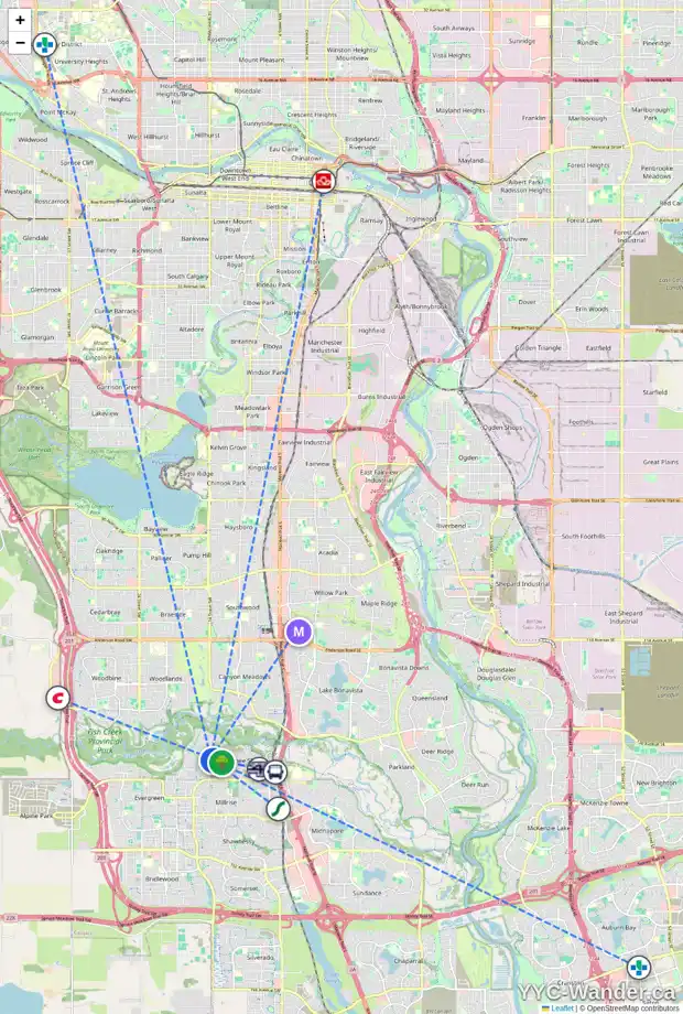 Daily accessibility map for 14216 EVERGREEN ST SW, Calgary showing nearby schools, grocery stores, parks, LRT stations and nearby amenities