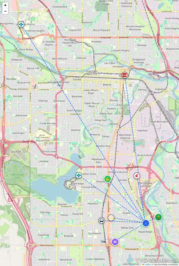 Daily accessibility map for 119 MAPLE COURT CR SE, Calgary showing nearby schools, grocery stores, parks, LRT stations and nearby amenities