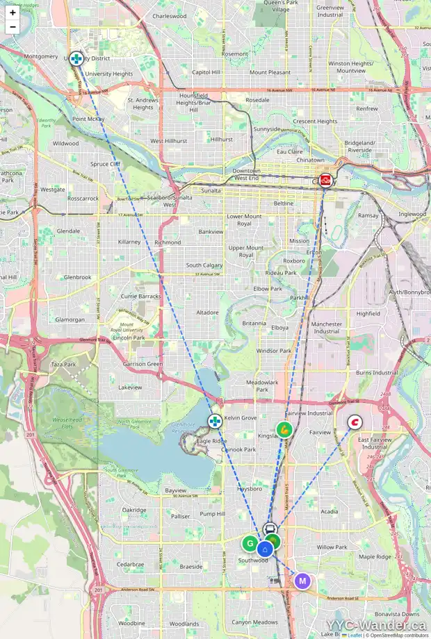 Daily accessibility map for 715 104 AV SW, Calgary showing nearby schools, grocery stores, parks, LRT stations and nearby amenities