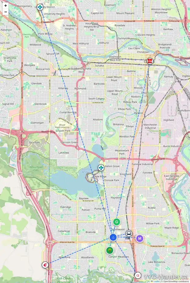 Daily accessibility map for 280 SOUTHAMPTON DR SW, Calgary showing nearby schools, grocery stores, parks, LRT stations and nearby amenities