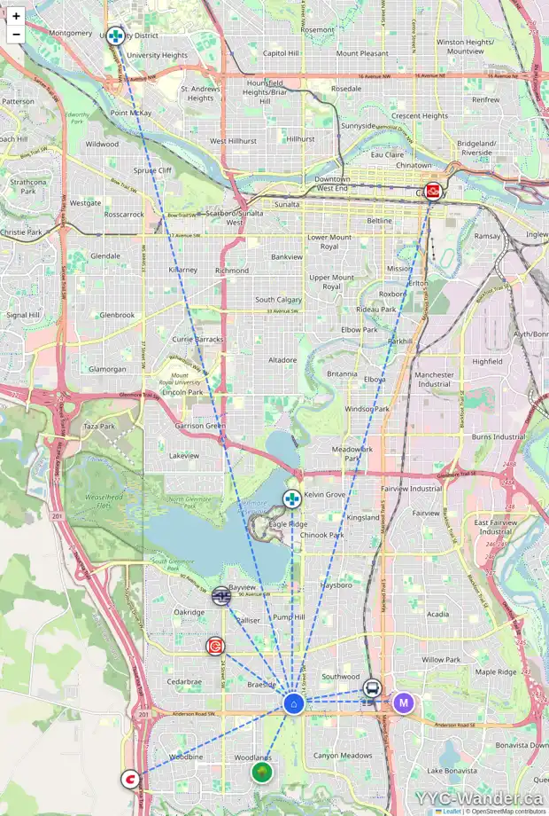 Daily accessibility map for 140 BRANIFF PL SW, Calgary showing nearby schools, grocery stores, parks, LRT stations and nearby amenities