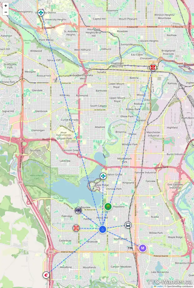 Daily accessibility map for 252 PUMP HILL CR SW, Calgary showing nearby schools, grocery stores, parks, LRT stations and nearby amenities