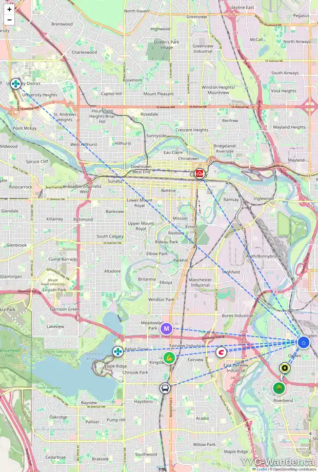 Daily accessibility map for 2307 CRESTWOOD RD SE, Calgary showing nearby schools, grocery stores, parks, LRT stations and nearby amenities