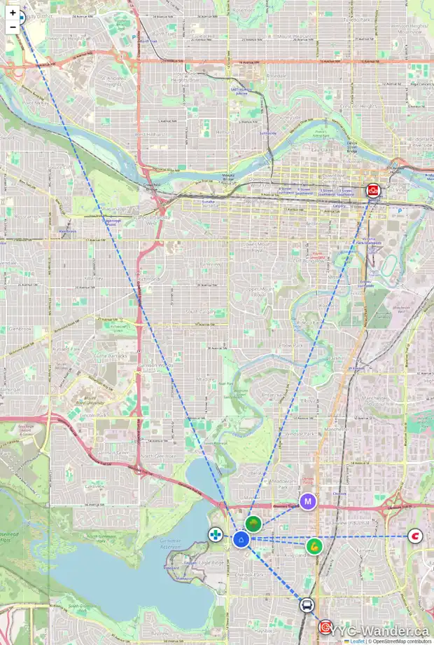 Daily accessibility map for 1312 KILLEARN AV SW, Calgary showing nearby schools, grocery stores, parks, LRT stations and nearby amenities