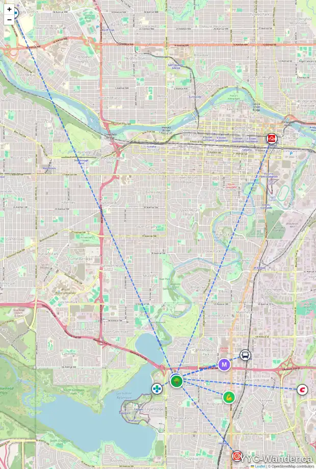 Daily accessibility map for 1316 KELOWNA CR SW, Calgary showing nearby schools, grocery stores, parks, LRT stations and nearby amenities