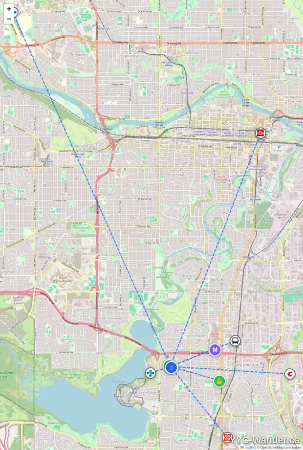 Daily accessibility map for 1303 KLONDIKE AV SW, Calgary showing nearby schools, grocery stores, parks, LRT stations and nearby amenities