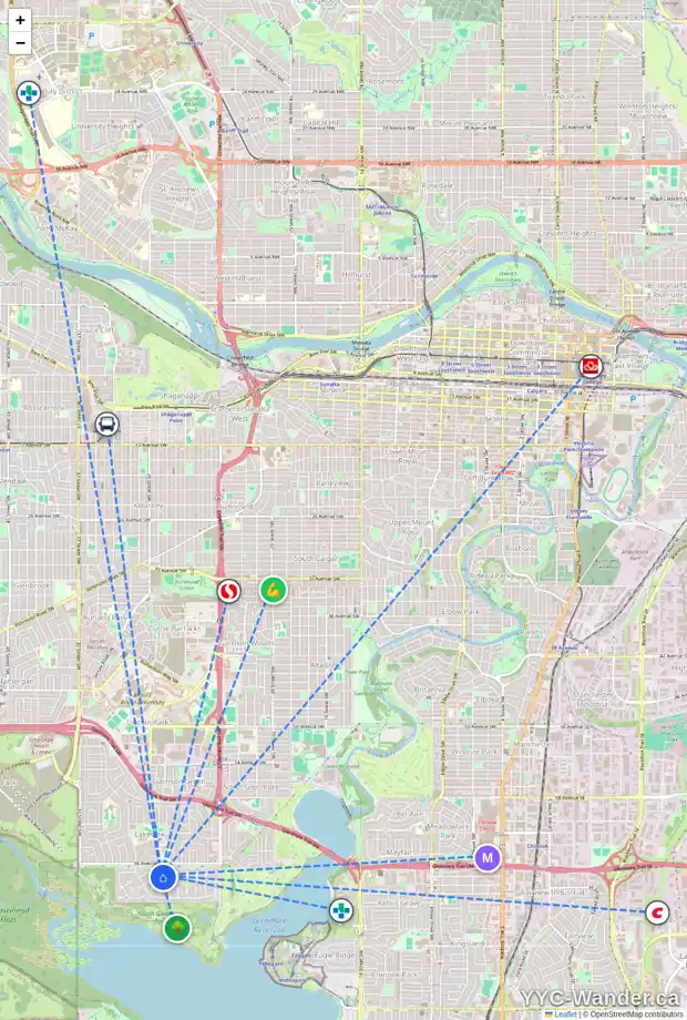 Daily accessibility map for 6912 LEASIDE DR SW, Calgary showing nearby schools, grocery stores, parks, LRT stations and nearby amenities