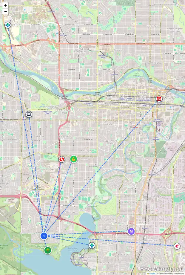 Daily accessibility map for 6906 LEASIDE DR SW, Calgary showing nearby schools, grocery stores, parks, LRT stations and nearby amenities