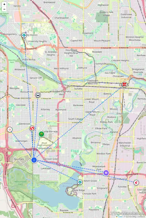 Daily accessibility map for 5640 37 ST SW, Calgary showing nearby schools, grocery stores, parks, LRT stations and nearby amenities