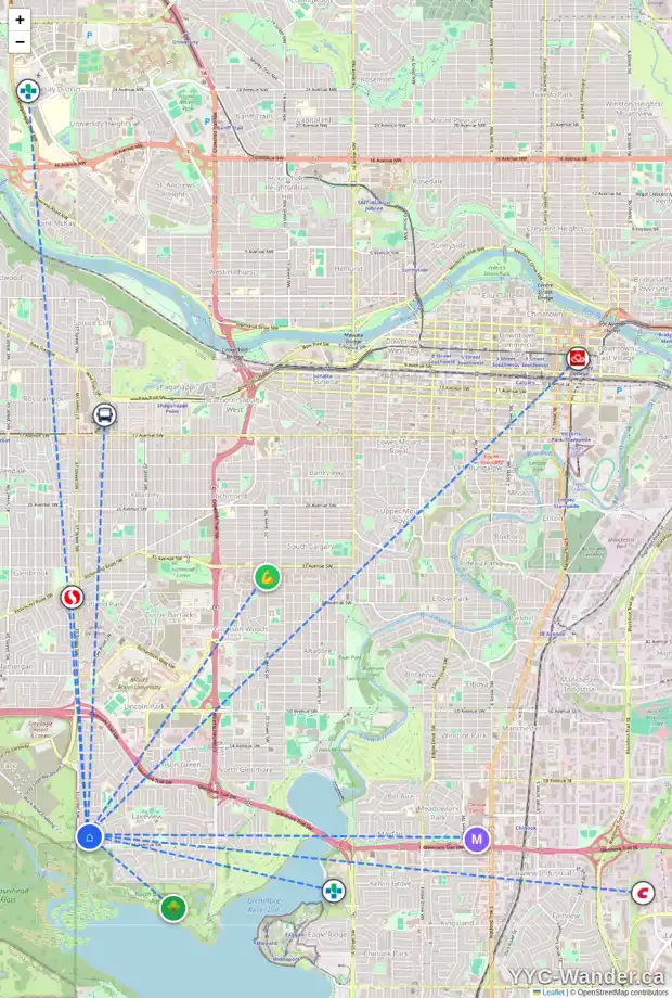 Daily accessibility map for 6607 LETHBRIDGE CR SW, Calgary showing nearby schools, grocery stores, parks, LRT stations and nearby amenities