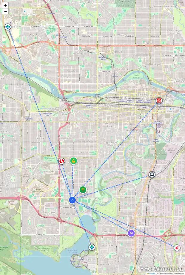Daily accessibility map for 2114 51 AV SW, Calgary showing nearby schools, grocery stores, parks, LRT stations and nearby amenities