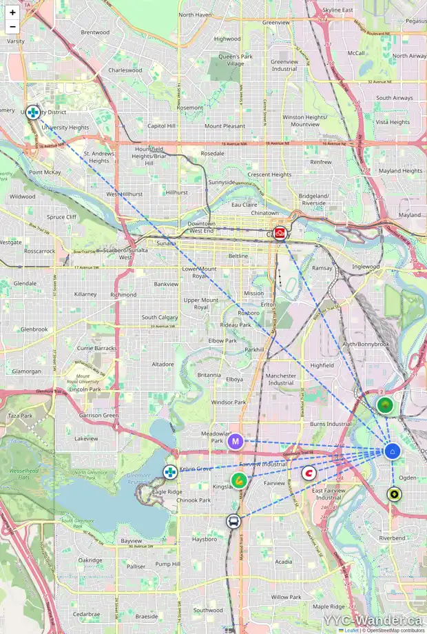 Daily accessibility map for 6623 18A ST SE, Calgary showing nearby schools, grocery stores, parks, LRT stations and nearby amenities
