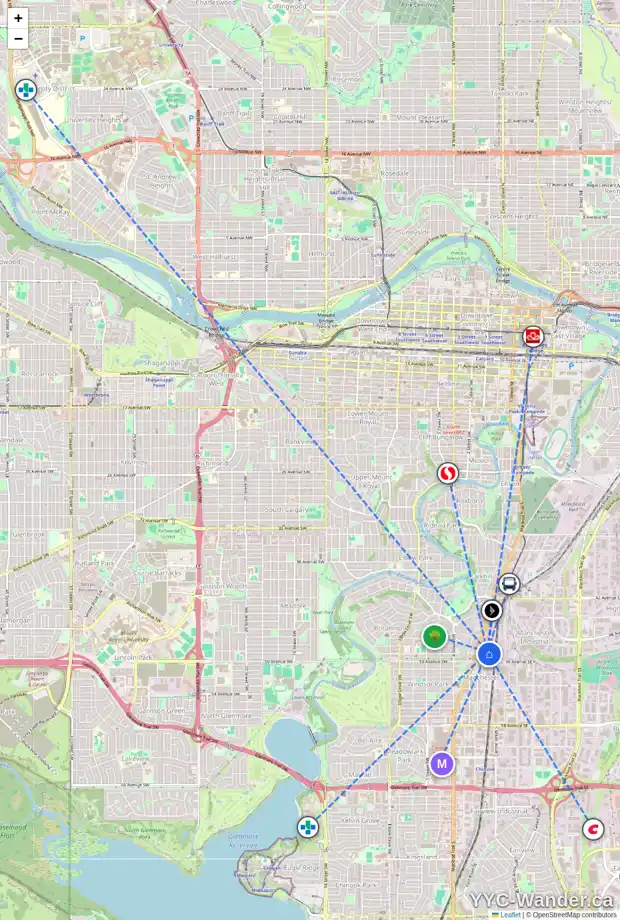Daily accessibility map for 4810 1 ST SW, Calgary showing nearby schools, grocery stores, parks, LRT stations and nearby amenities