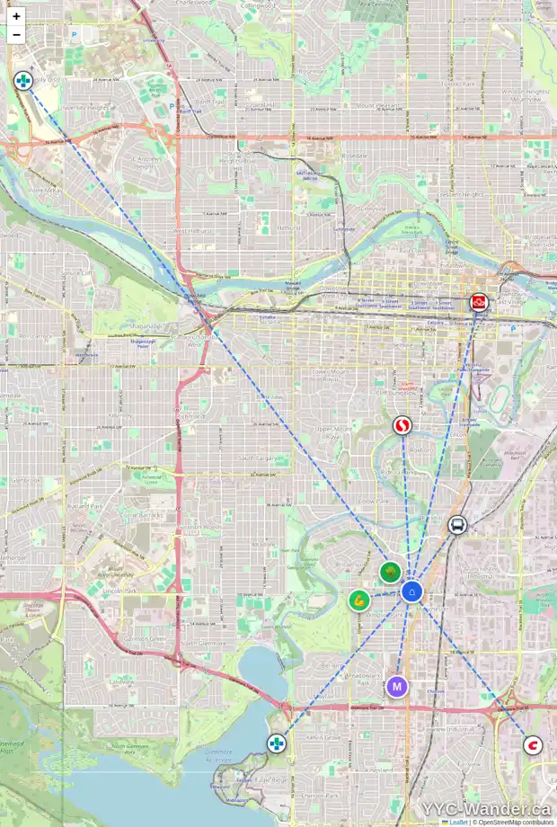 Daily accessibility map for 12 STANLEY CR SW, Calgary showing nearby schools, grocery stores, parks, LRT stations and nearby amenities