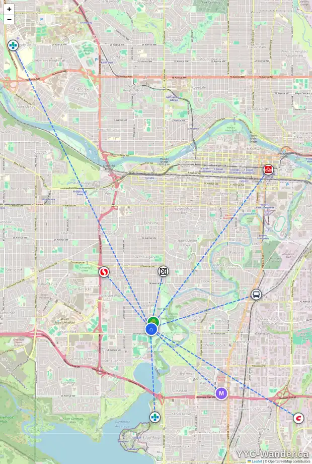 Daily accessibility map for 1620 49 AV SW, Calgary showing nearby schools, grocery stores, parks, LRT stations and nearby amenities