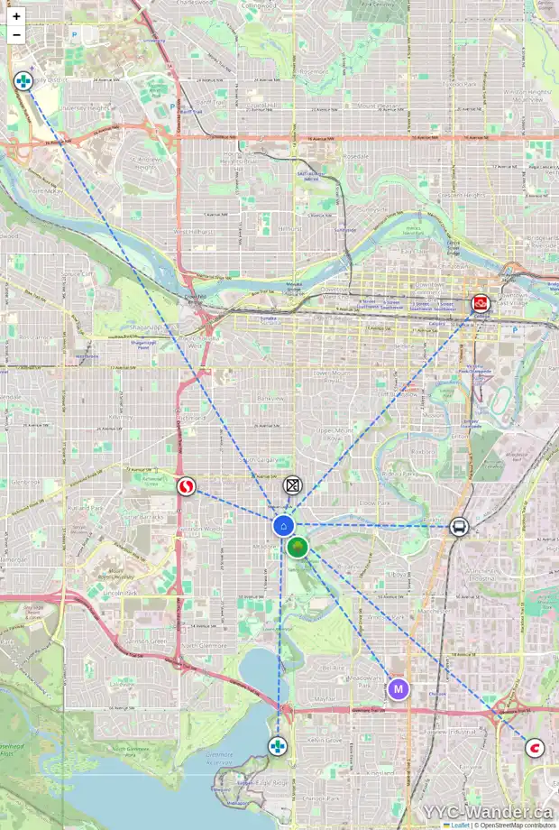 Daily accessibility map for 4104 15 ST SW, Calgary showing nearby schools, grocery stores, parks, LRT stations and nearby amenities