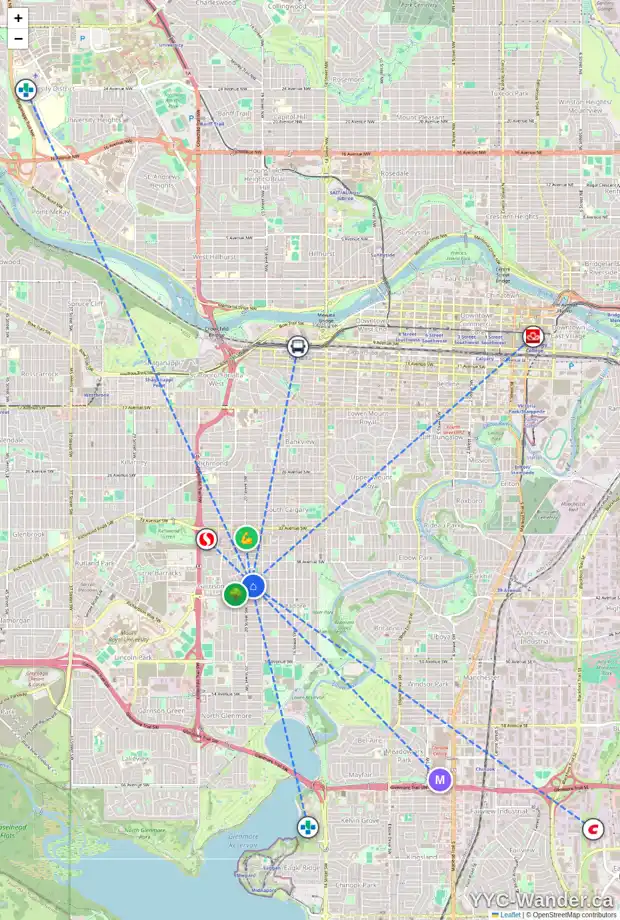 Daily accessibility map for 2035 40 AV SW, Calgary showing nearby schools, grocery stores, parks, LRT stations and nearby amenities