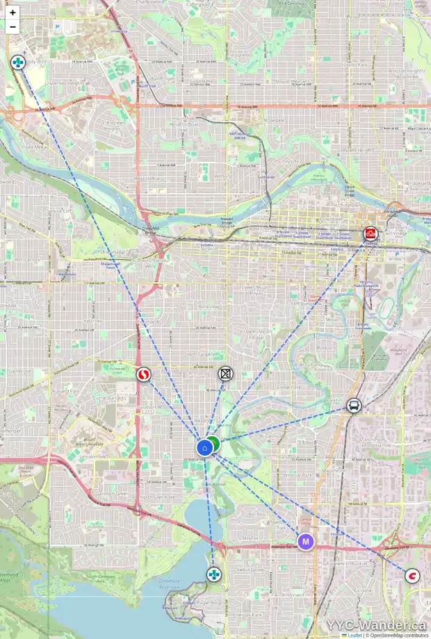 Daily accessibility map for 1704 48 AV SW, Calgary showing nearby schools, grocery stores, parks, LRT stations and nearby amenities